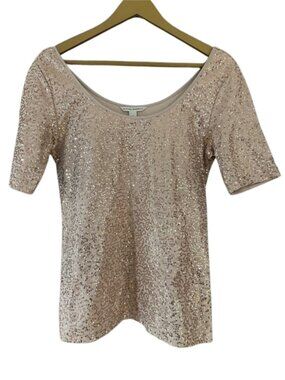 Banana Republic Blush Sequin Top Short Sleeve Scoop Neck Party Blouse
